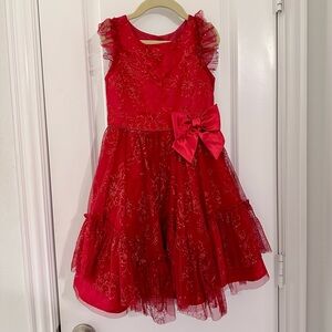 Girls Red Sparkle Lace Dress with Satin Bow